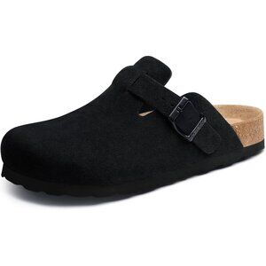 Women's Black Genuine Suede Clogs Soft Footbed Leather Comfort Slip On Shoes